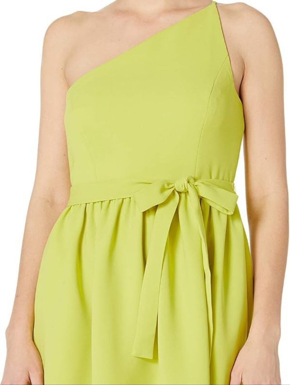 Halston Heritage One-Shoulder Chartreuse Tie-Waist Dress.Sz.6. Side Zip. Pockets